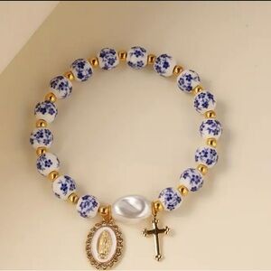 Blue & White Floral Bead Bracelet with Gold Cross and Medallion